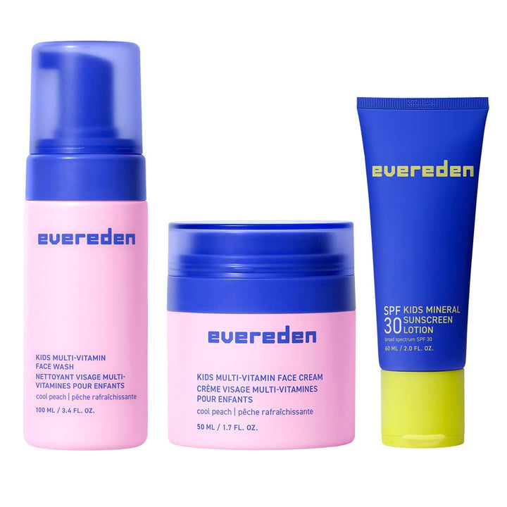 Evereden cool peach front packaging showing the three‑step routine and benefits
