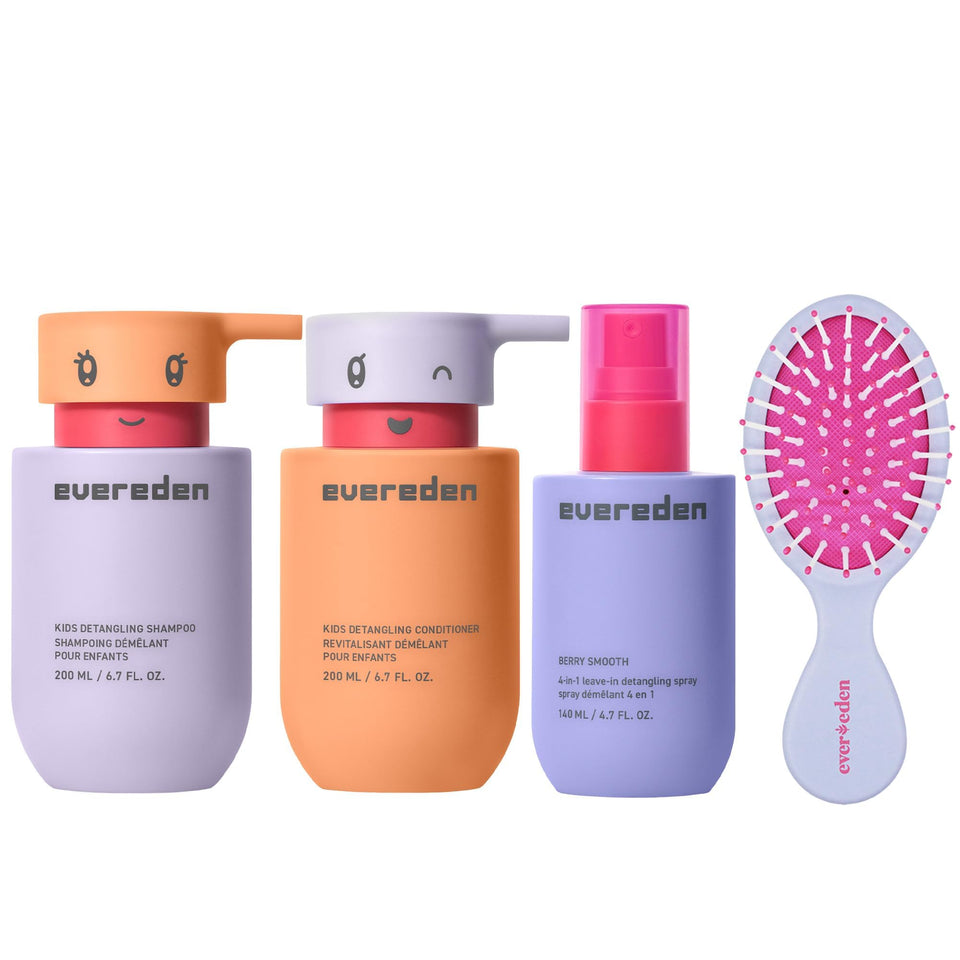 Evereden front packaging showing the kids shampoo, conditioner, and detangler — clear family-friendly benefits