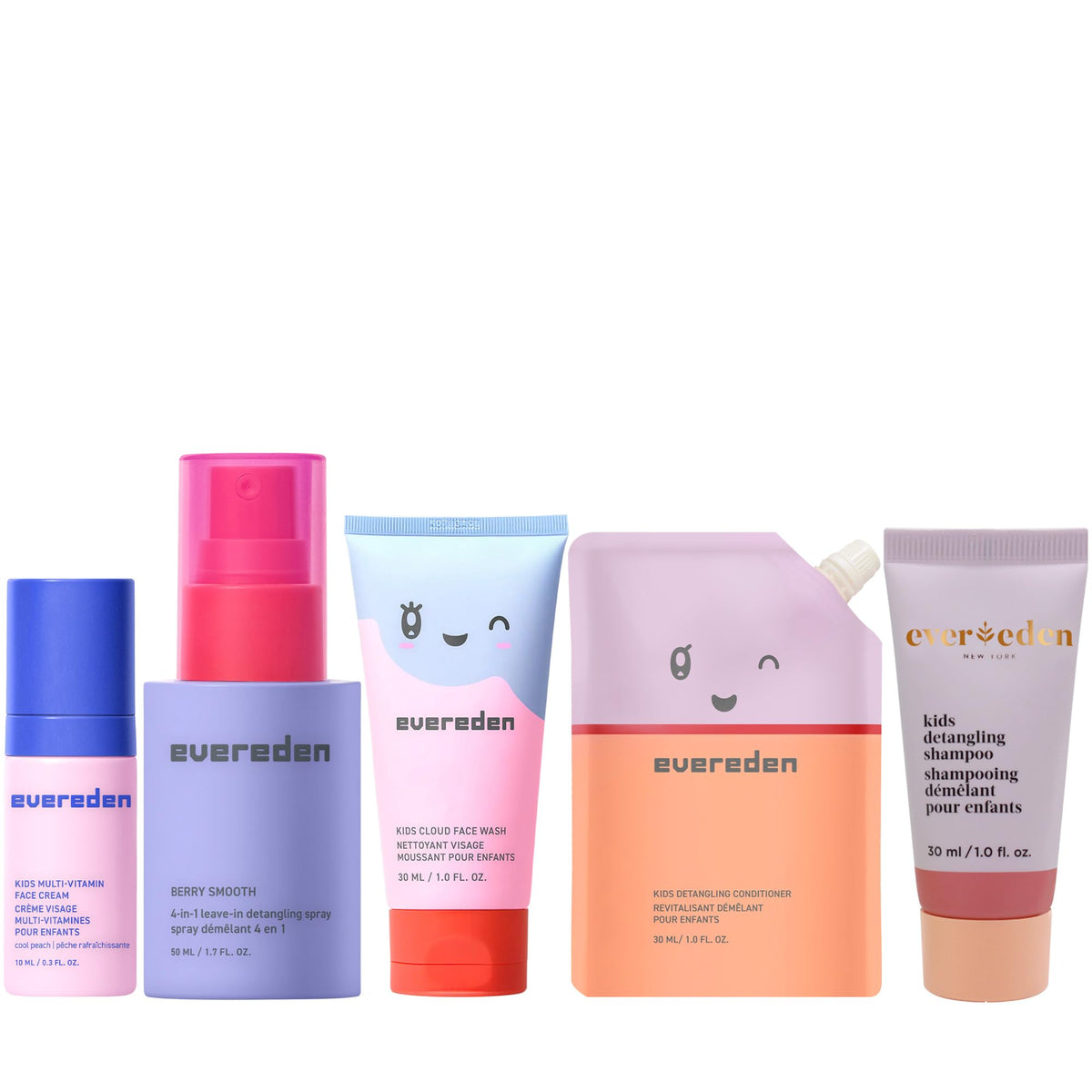Evereden front packaging of kids travel set shows compact toiletries, easy packing benefit