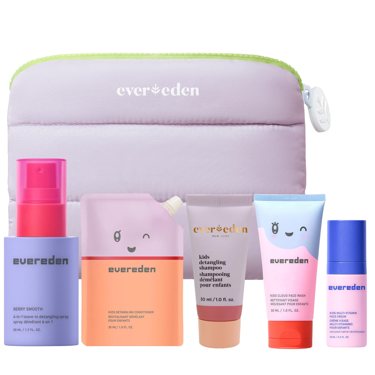 Evereden front packaging of travel set showing bottles and travel bag for easy packing