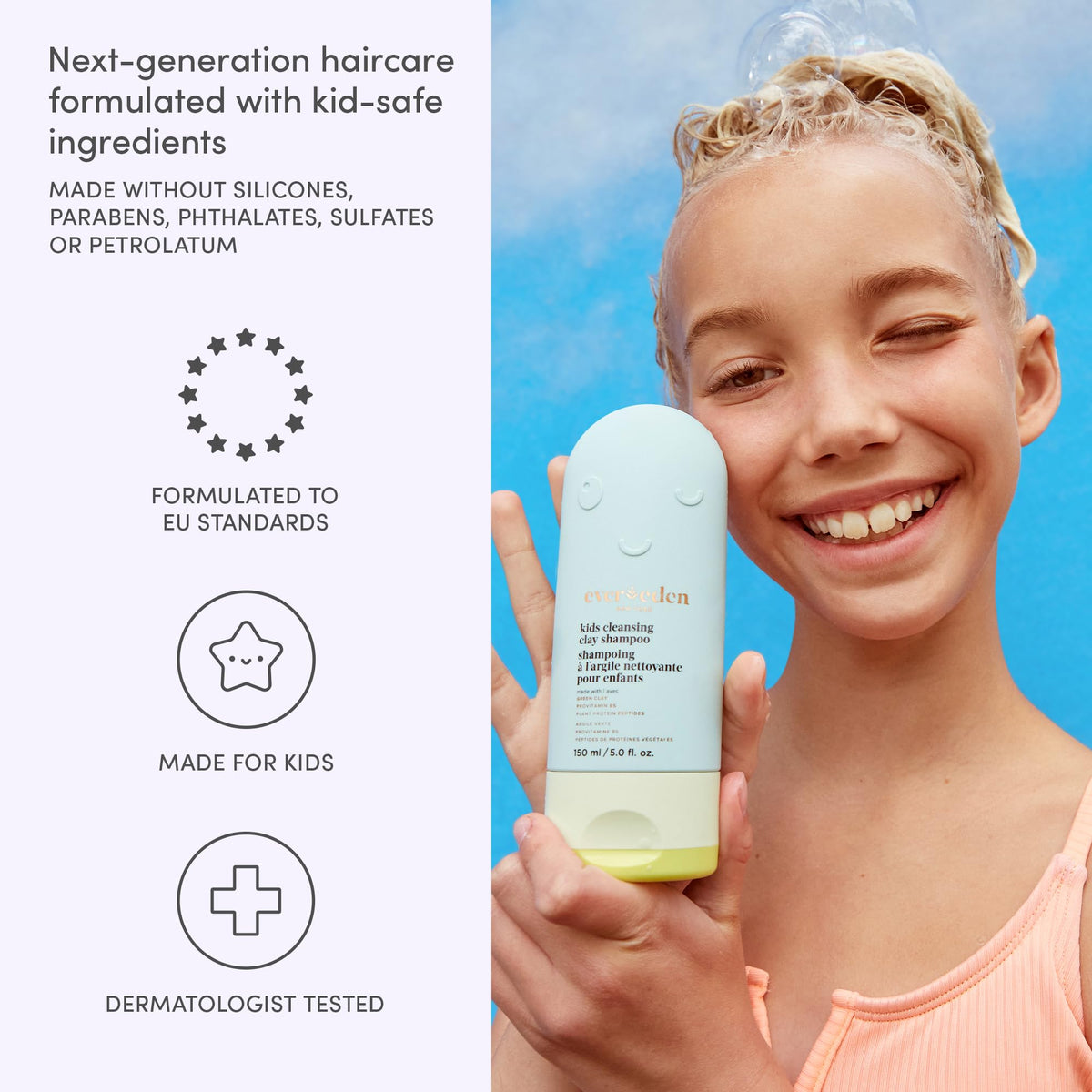 Evereden shampoo lather on hands demonstrating gentle foaming action