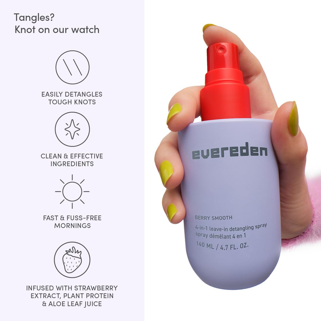 Evereden spray being applied to damp hair demonstrating quick detangling