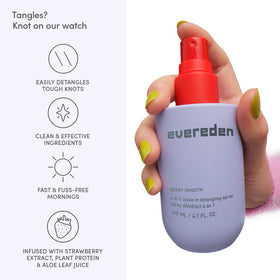 Evereden spray being applied to damp hair demonstrating quick detangling