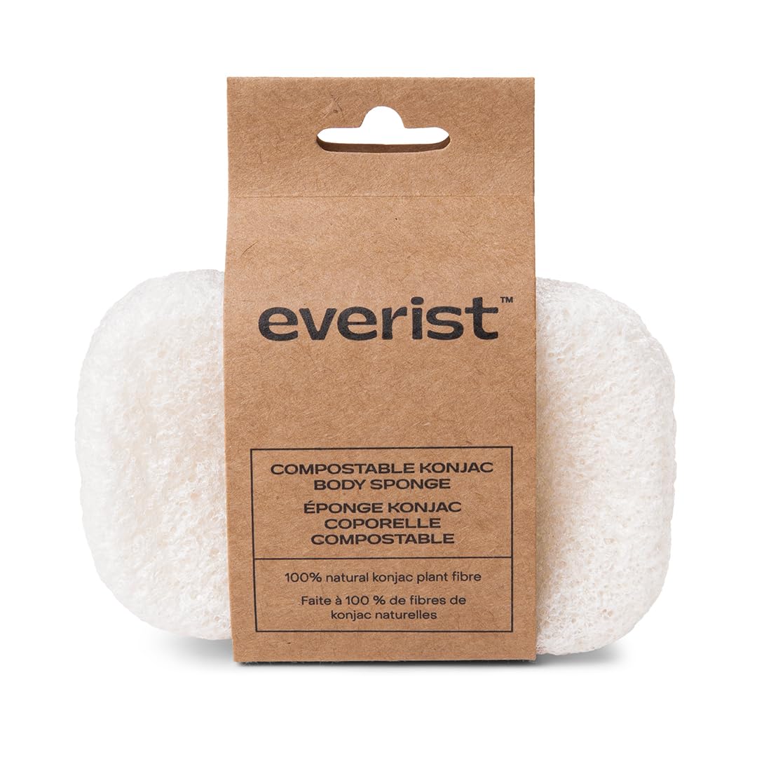 Everist konjac sponge front view showing smooth shape and natural fiber benefit: eco-friendly cleansing