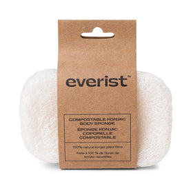 Everist konjac sponge front view showing smooth shape and natural fiber benefit: eco-friendly cleansing