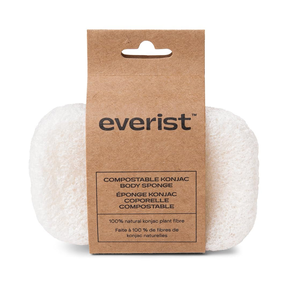 Everist konjac sponge front view showing smooth shape and natural fiber benefit: eco-friendly cleansing