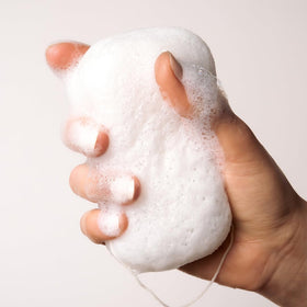 Everist sponge creating creamy lather with body wash concentrate showing rich cleansing benefit