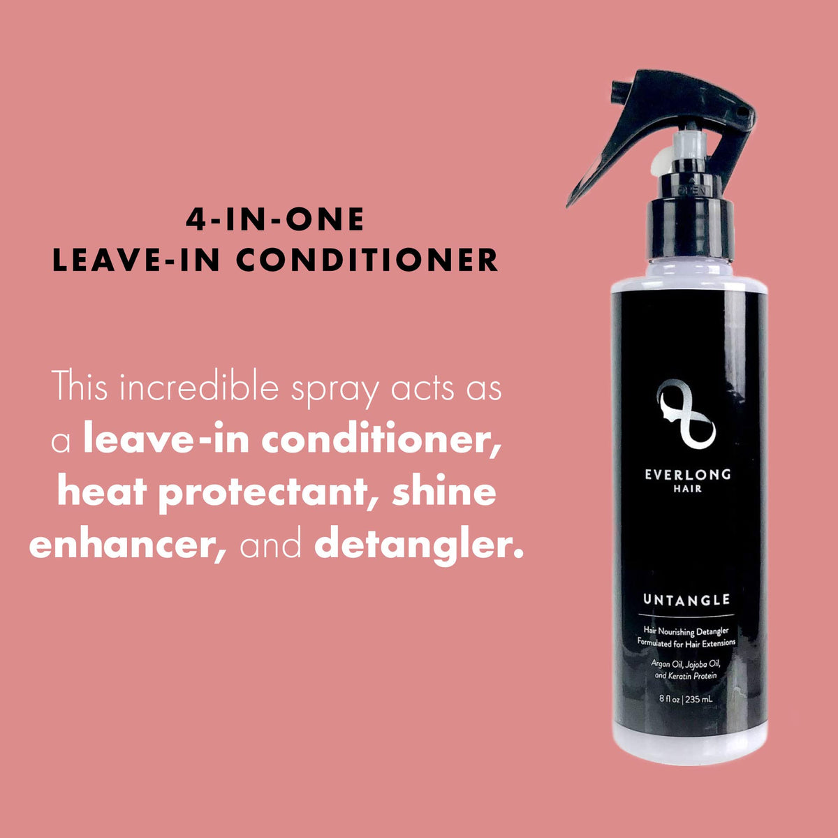 everlong bottle beside keratin and oils illustrating nourishing formula