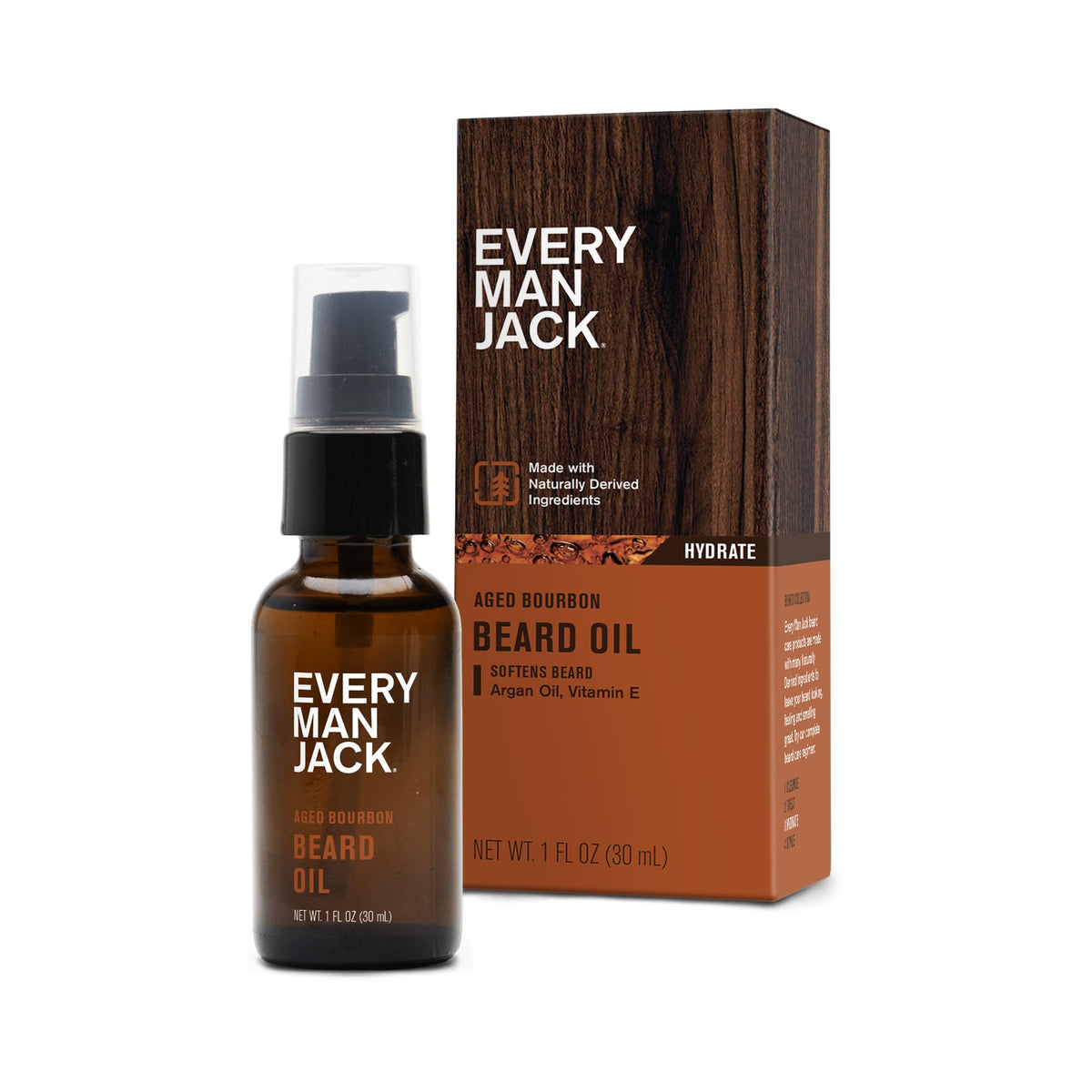 Every Man Jack front bottle view showing aged bourbon label and clean design benefit grooming clarity