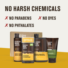 Every Man Jack all four products staged with amber wood props showing cohesive scent layering benefit