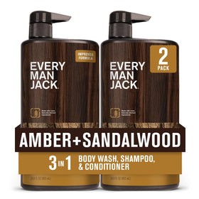 Every Man Jack front bottle view showing amber sandalwood scent and clear branding