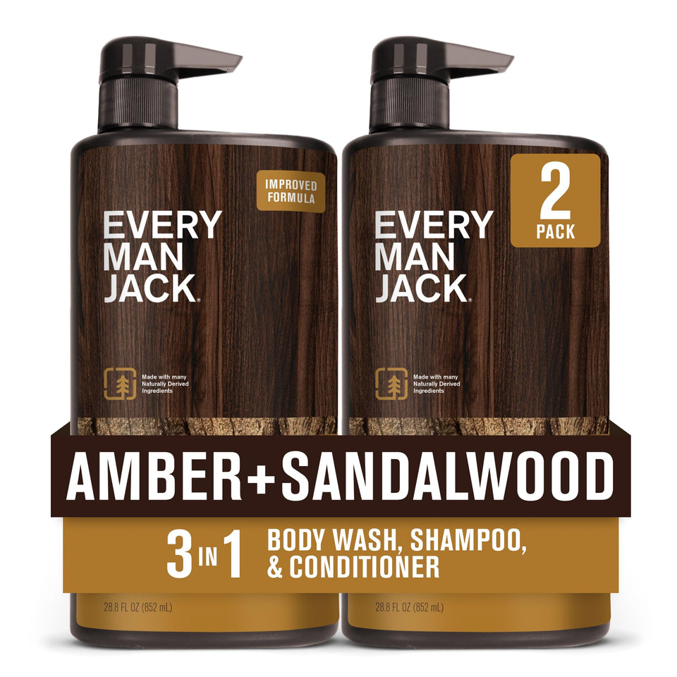 Every Man Jack front bottle view showing amber sandalwood scent and clear branding
