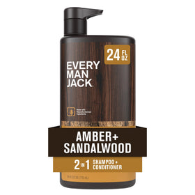 Every Man Jack front bottle shows amber and sandalwood scent, easy identification benefit