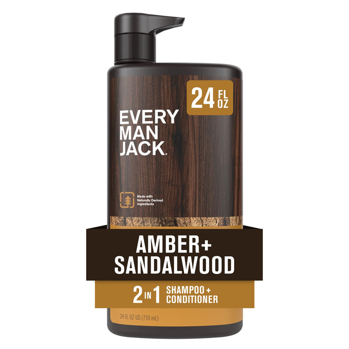 Every Man Jack front bottle shows amber and sandalwood scent, easy identification benefit