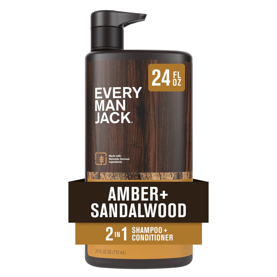 Every Man Jack front bottle shows amber and sandalwood scent, easy identification benefit