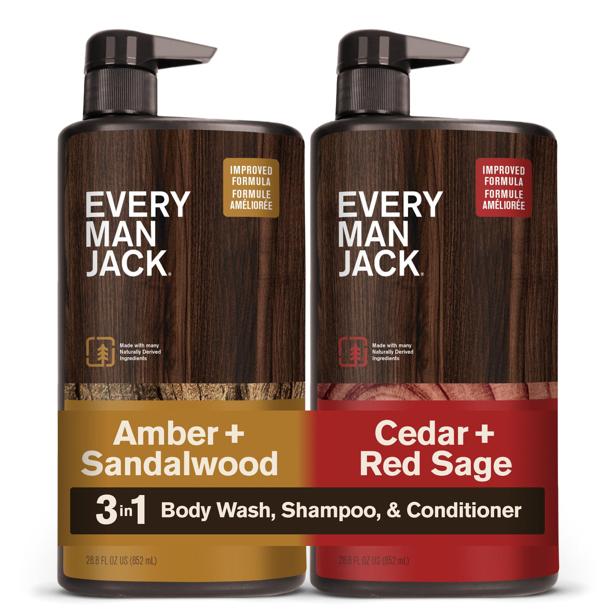 Every Man Jack Amber Sandalwood bottle front showing woodsy scent benefit