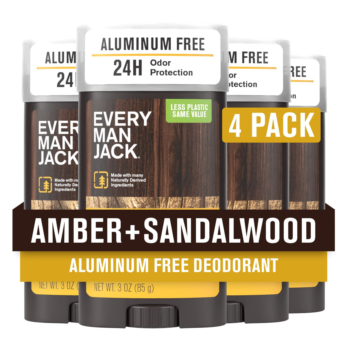 Every Man Jack front packaging showing amber sandalwood scent and benefit of aluminum-free protection