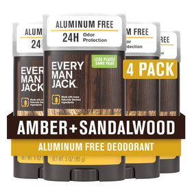 Every Man Jack front packaging showing amber sandalwood scent and benefit of aluminum-free protection