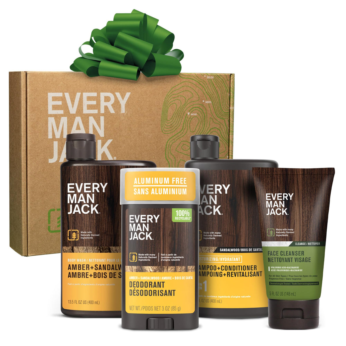 Every Man Jack front packaging showing all four amber sandalwood products and branding benefit: clear kit presentation