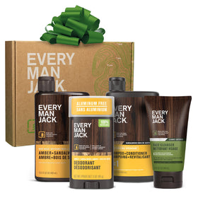 Every Man Jack front packaging showing all four amber sandalwood products and branding benefit: clear kit presentation