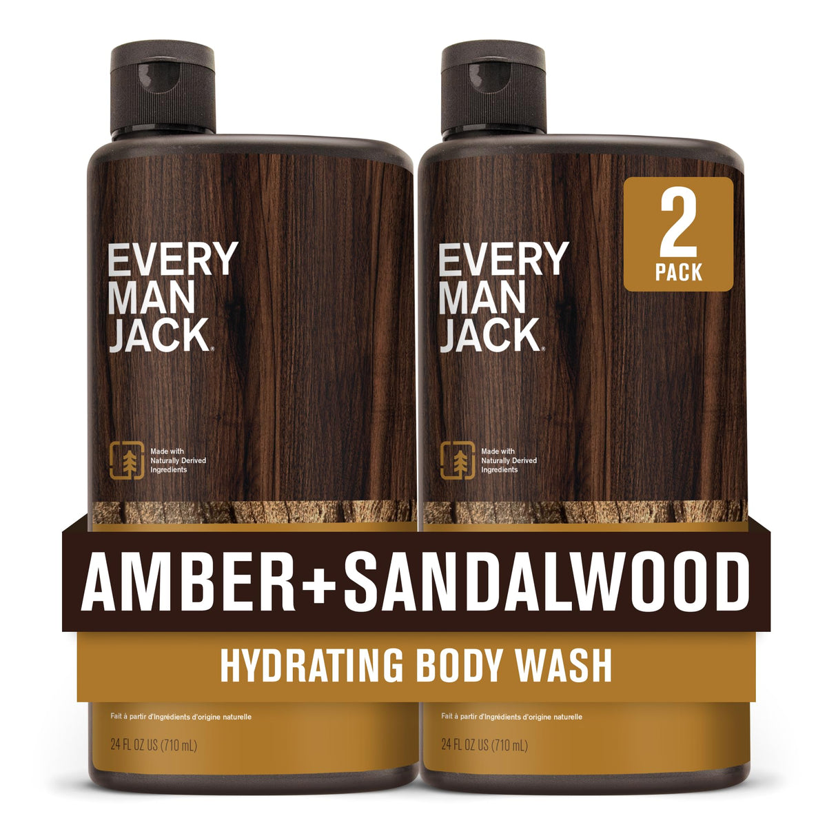 Every Man Jack front packaging shows amber and sandalwood scent, clear product identity