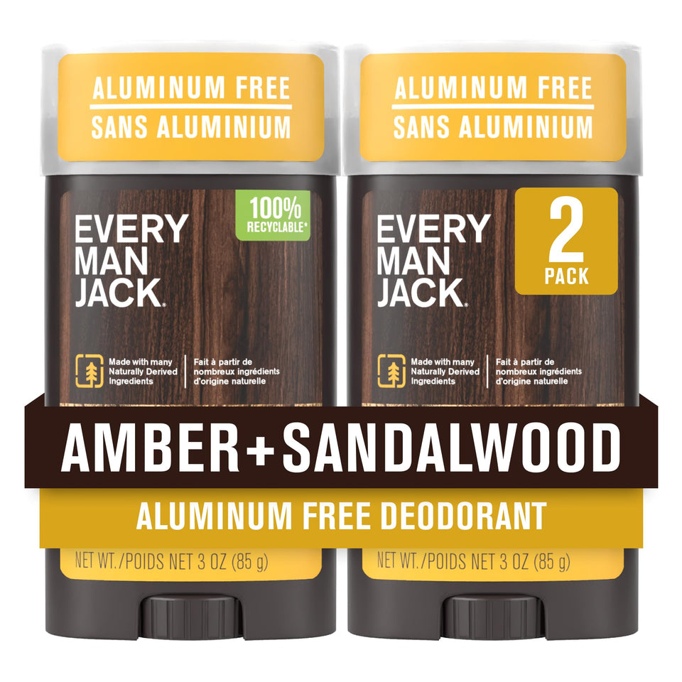 Every Man Jack front packaging showing amber sandalwood scent benefit freshness