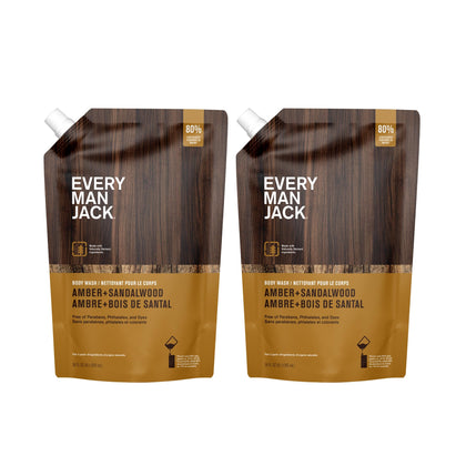 Every Man Jack front pouch view showing amber sandalwood scent and refill benefit