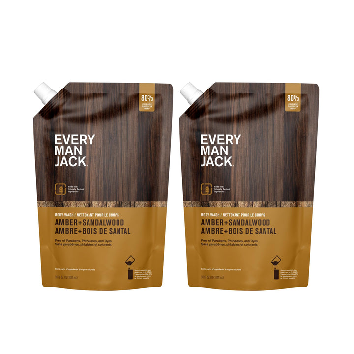 Every Man Jack front pouch view showing amber sandalwood scent and refill benefit