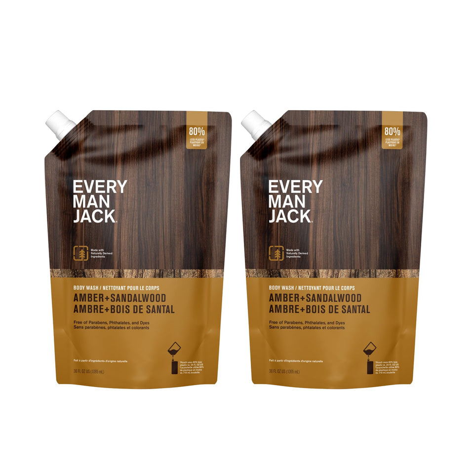 Every Man Jack front pouch view showing amber sandalwood scent and refill benefit