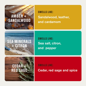Every Man Jack Amber & Sandalwood label close-up with warm scent benefit