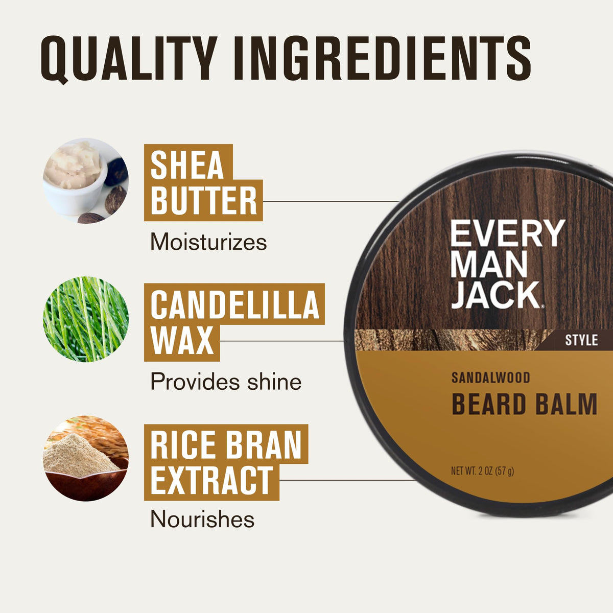 Every Man Jack ingredients shot with shea butter and candelilla for conditioning