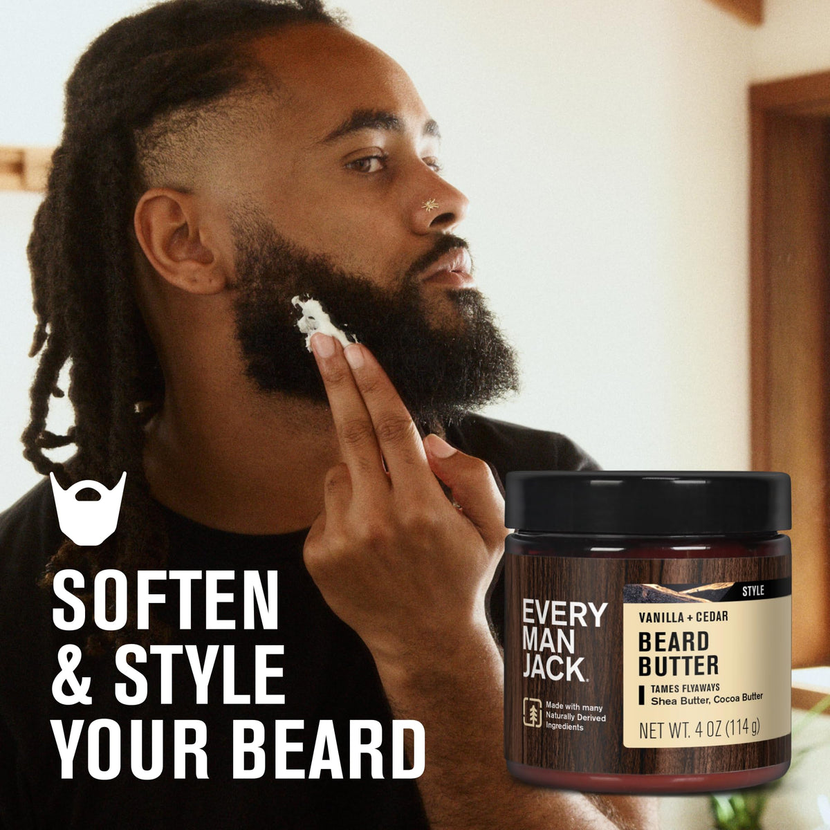 Every Man Jack open tub revealing smooth butter texture for easy spread