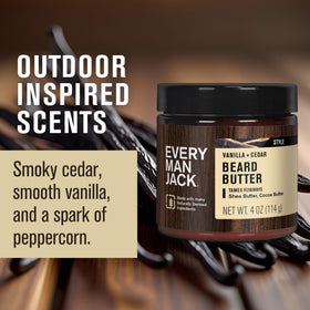 Every Man Jack jar label highlighting vanilla and cedar fragrance benefit