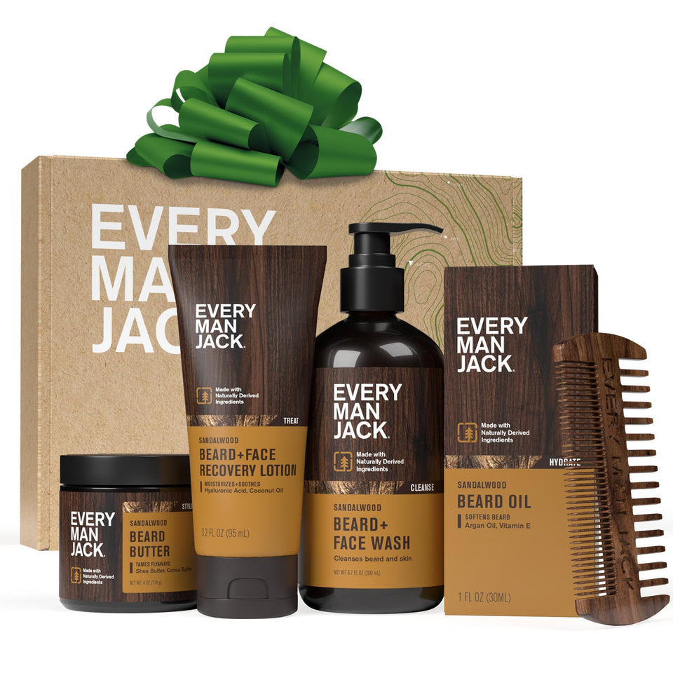 Every Man Jack front packaging showing five-piece beard care kit benefits