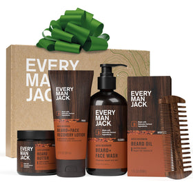 Every Man Jack front packaging showing five-piece beard routine benefits