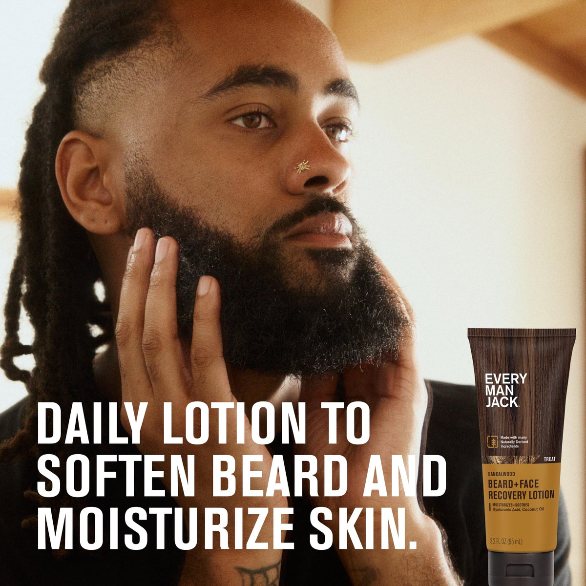 Every Man Jack close-up label highlighting sandalwood scent and natural ingredients