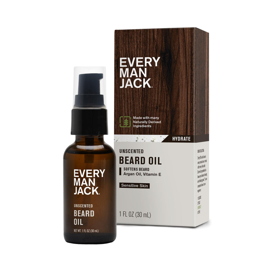 Every Man Jack front bottle view showing clean unscented beard oil packaging and benefit