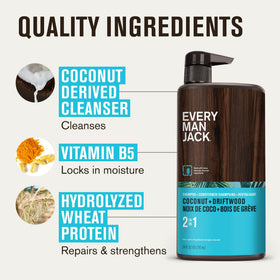 Every Man Jack bottle on shower shelf emphasizing everyday convenience
