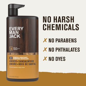 Every Man Jack bottle on shower shelf illustrating convenience and one-step grooming benefit