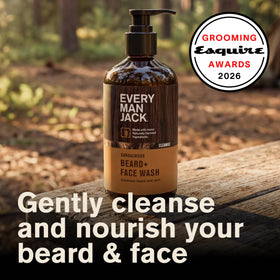 Every Man Jack label close-up highlighting naturally derived ingredients and benefits
