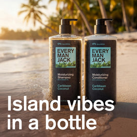 Every Man Jack label close-up highlighting coconut scent and sulfate-free benefits