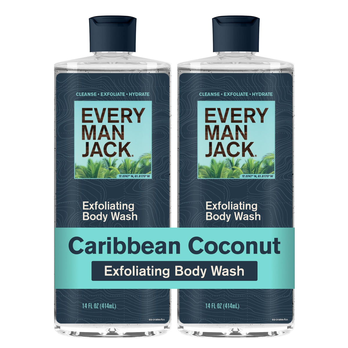 Every Man Jack front packaging showing tropical coconut scent and two-pack benefit