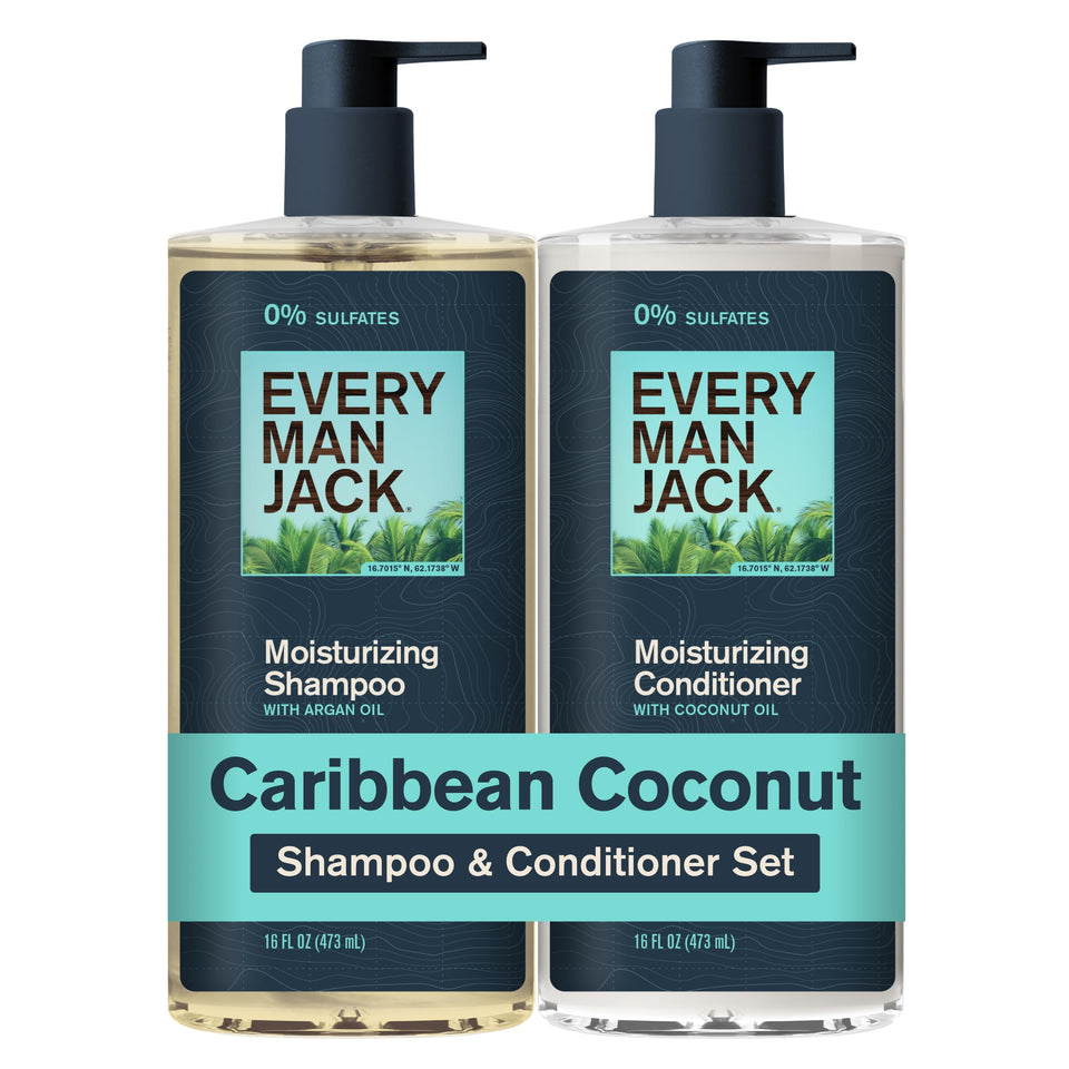 Every Man Jack front packaging showing two 16 fl oz bottles, easy grab