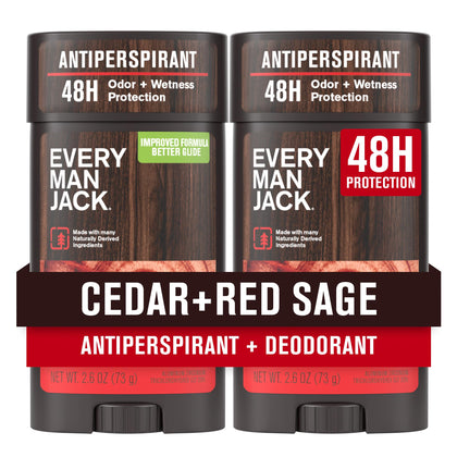 Every Man Jack front packaging of cedar and red sage two-pack showing scent and size benefits
