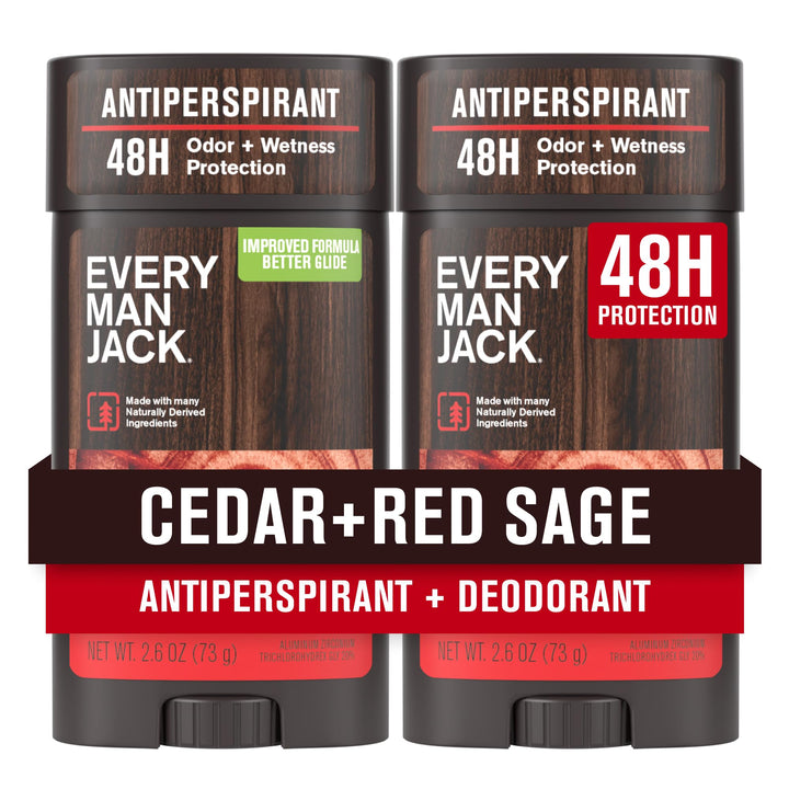 Every Man Jack front packaging of cedar and red sage two-pack showing scent and size benefits