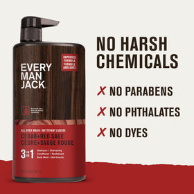 Every Man Jack bottle in shower demonstrating all-in-one use for simplified routine benefit