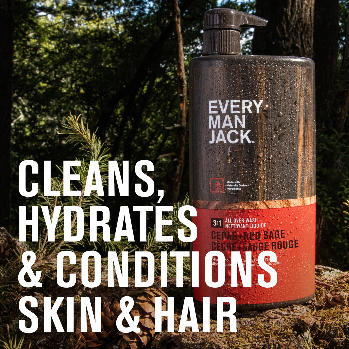 Every Man Jack pump detail highlighting easy dispensing for quick showers benefit