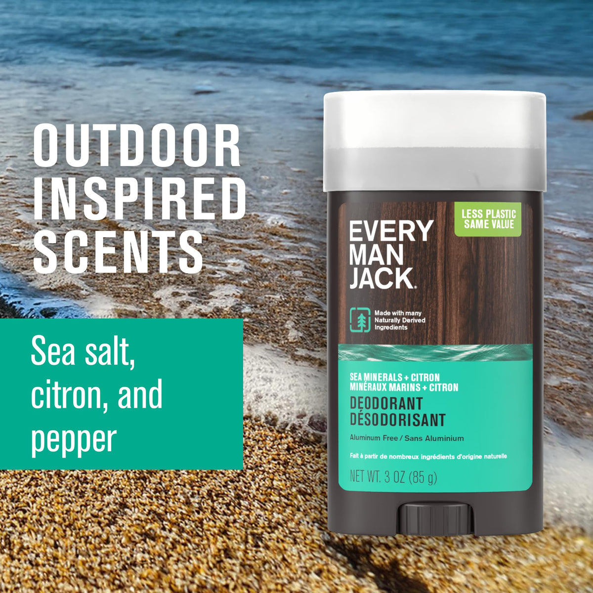 Every Man Jack deodorant held in hand to show size and portability