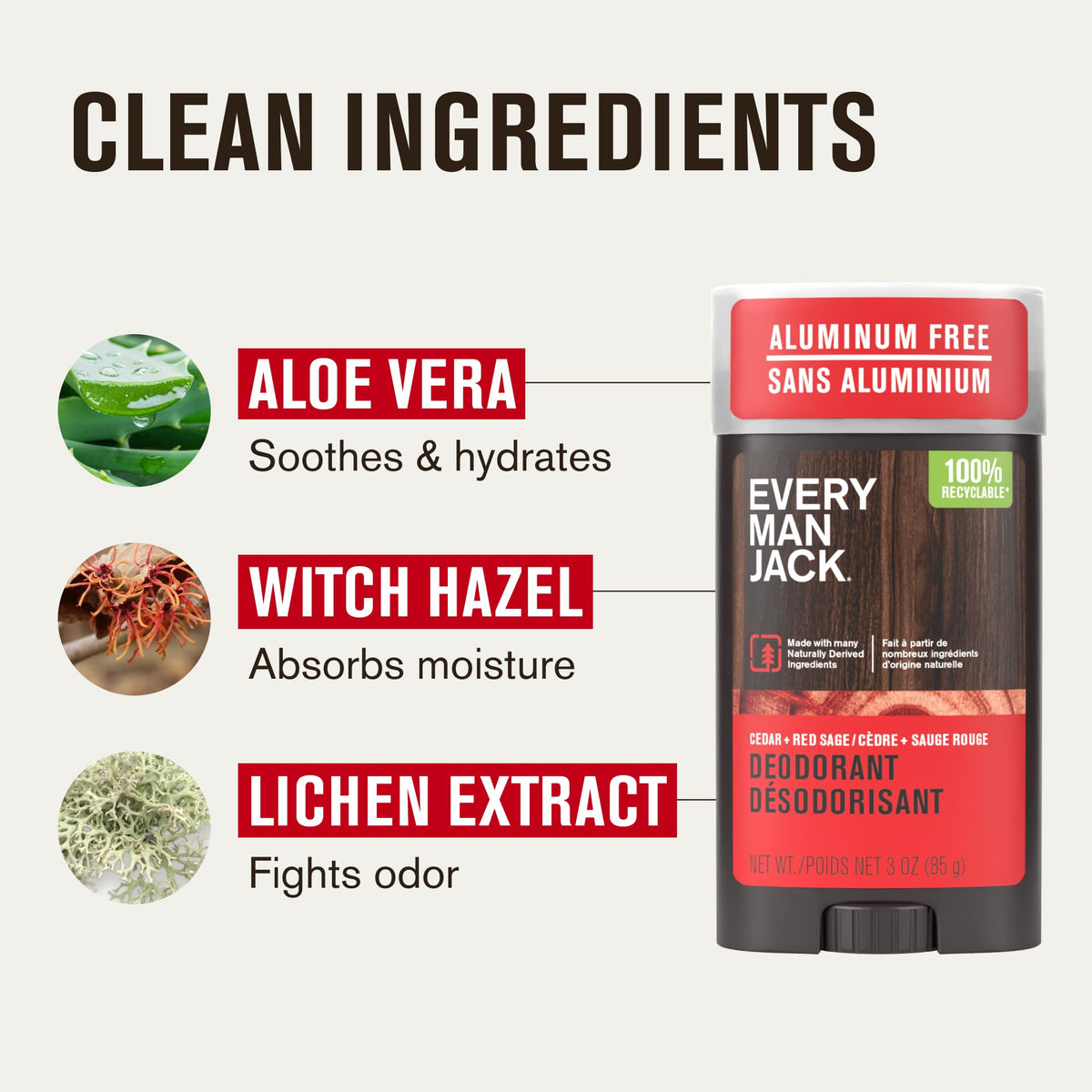 Every Man Jack label detail highlighting aluminum-free naturally derived formula