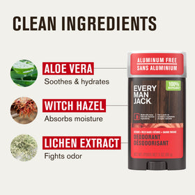 Every Man Jack label detail highlighting aluminum-free naturally derived formula